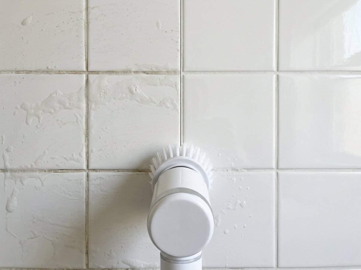 Bathroom tile grout before and after cleaning with the cordless spin scrubber